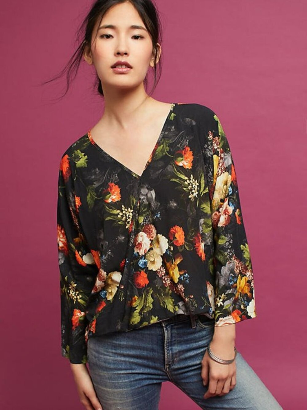 The Odells Black Floral V‑Neck Blouse